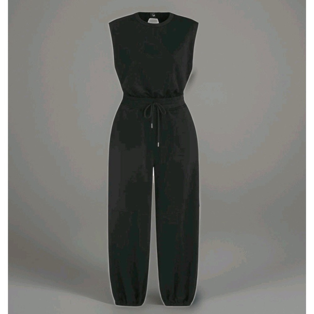 NWT Flygo Sweat Jumpsuit Sz S Black Round Neck Drawstring Sleeveless Loungewear